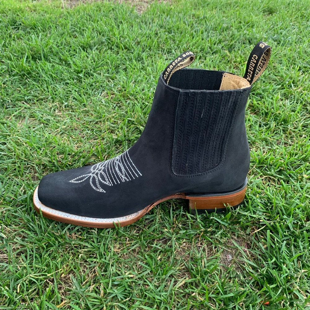 Men's Nubuck Leather Western Cowboy Half Boot Black Rodeo Botin Piel Negro 360 - Picture 3 of 6